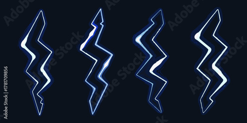 Four stylized blue and white lightning bolt graphics with a dark background