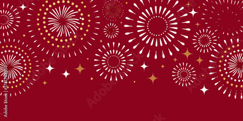 Festive red background with exploding white and gold fireworks and stars