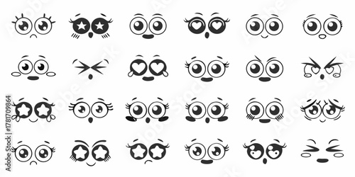 Collection of diverse cartoon eyes and mouths expressing a wide range of emotions and feelings
