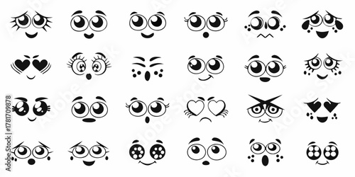 Collection of diverse cartoon eyes and mouths expressing various emotions and moods in black and white