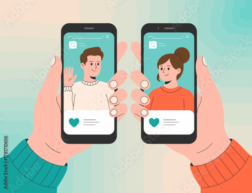 Two individuals are holding mobile phones displaying profiles, showcasing the interaction and engagement found within dating or social media applications.