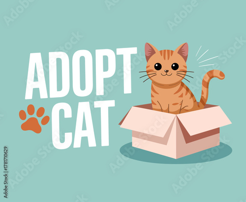 This adorable cartoon cat sitting in a box promotes adoption. It showcases a friendly orange tabby with a playful demeanor, inviting viewers to consider pet adoption.