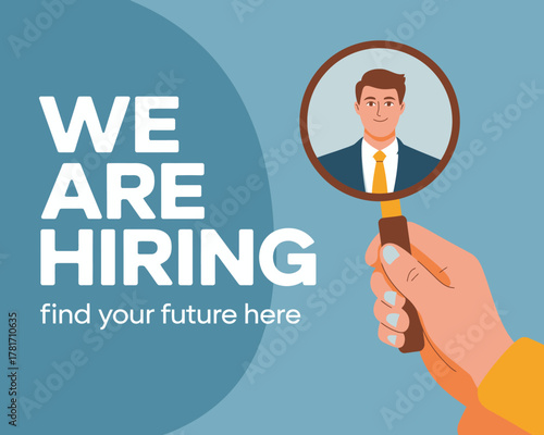 This image features a hiring announcement with a magnifying glass showcasing a professional candidate, symbolizing opportunities and career growth in a stylized format.