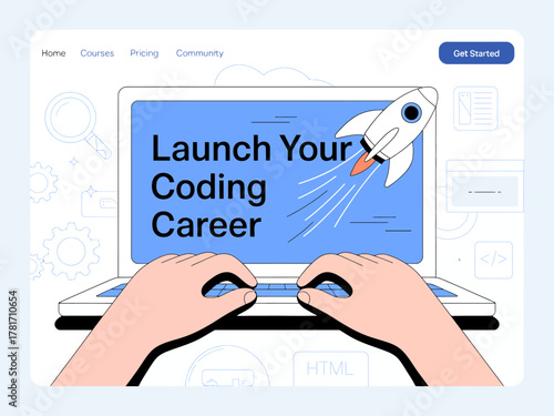 Featuring a laptop with hands typing, this image promotes launching a coding career, illustrated with a rocket symbolizing rapid growth and innovation.