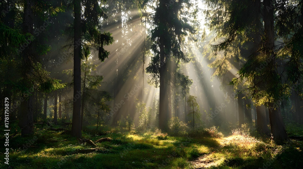 Fototapeta premium beautiful nature forest with sunlight beams through trees, calm atmosphere