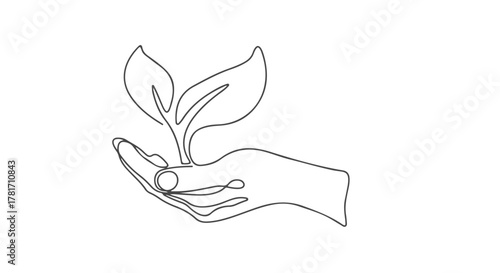 Elegant one line single continuous illustration of a hand holding a young plant, representing growth, care, and the concept of nurturing nature's future