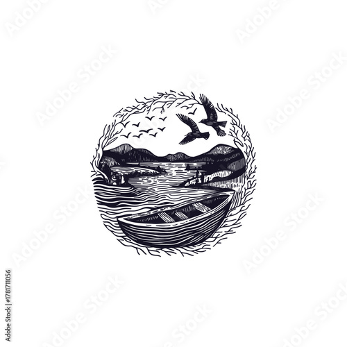 Rustic circular woodcut-style illustration of a tranquil sea or lake scene, featuring an old wooden fishing boat in the foreground, rolling hills or mountains in the background, and birds flying