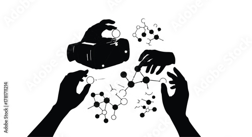 Hands interacting with virtual reality headset and molecular structures