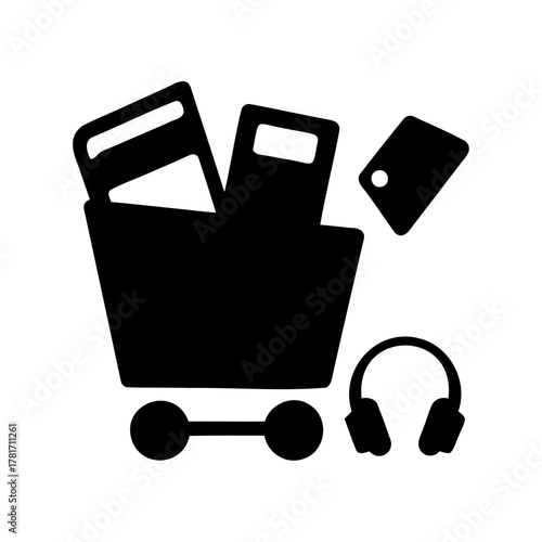 Shopping cart filled with various products, including books, cards, and headphones