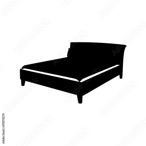 Black silhouette illustration of an elegant platform bed with decorative headboard