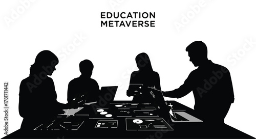 Diverse group collaborating in a futuristic metaverse learning environment