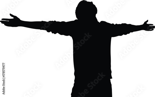 Silhouette of a man standing with arms outstretched against a white background, representing freedom, joy, and a sense of liberation and achievement