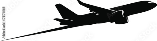 Sleek airplane silhouette isolated on white background, soaring through the sky, representing travel, aviation, and the freedom of flight for aviation enthusiasts