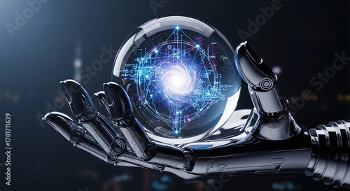 Robotic Hand Holding Glowing Digital Data Sphere Future Technology Concept