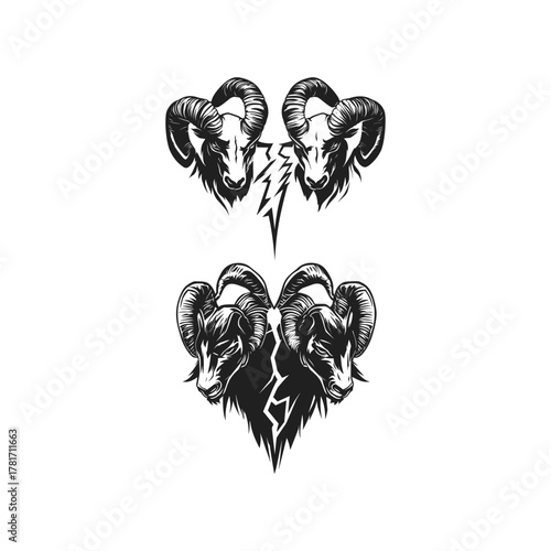 Two detailed ram head illustrations facing each other with a lightning bolt between them, symbolizing conflict or power