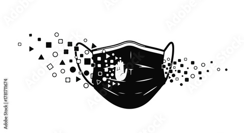 Modern protective mask dissolving into digital particles, symbolizing health and technology.