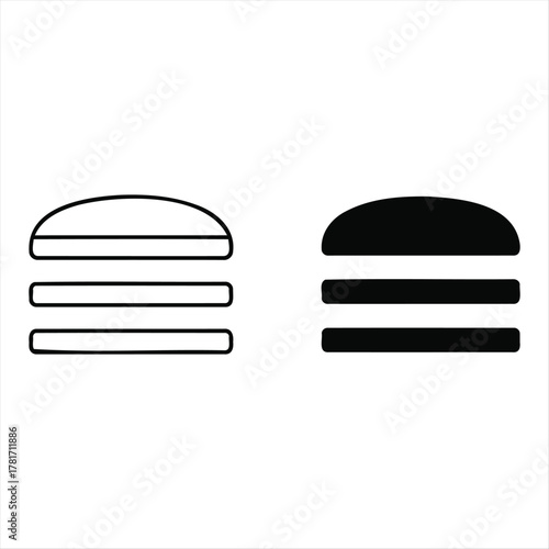 Minimalist Burger Icon: A pair of minimalist burger icons, one outlined and the other filled, offer a clean, uncluttered visual representation of this universally loved food item. Ideal for design.
