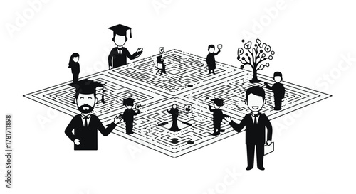 Diverse group of people engaging in strategic thinking and learning on a conceptual chessboard.