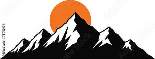 Majestic mountain range silhouette isolated on white background, with a vibrant sun rising behind the peaks, symbolizing adventure, nature, and exploration