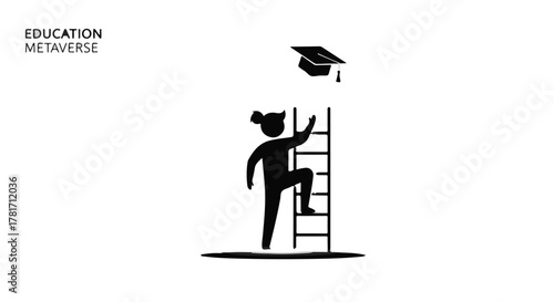 Person climbing ladder towards graduation cap in symbolic representation of educational achievement