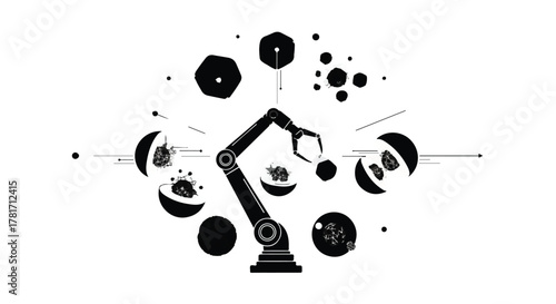 Advanced robotic arm assembling complex abstract shapes in a minimalist design