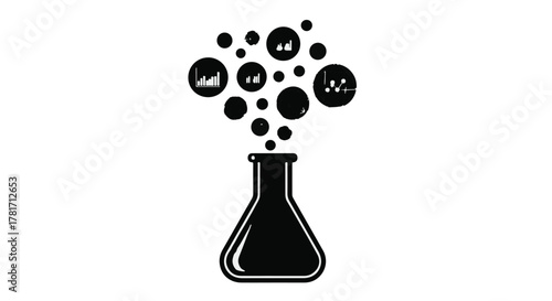Abstract representation of data analysis and scientific discovery bubbling from a flask