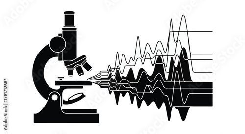 Microscope analyzing scientific data and waveforms, representing research and discovery.