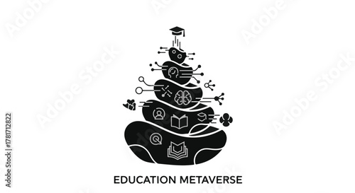 Abstract tower of knowledge representing the evolving education metaverse with digital learning icons