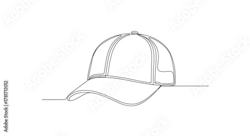 A stylized and continuous one line art drawing depicting a simple baseball cap, created with a single, unbroken stroke for a modern and clean design concept