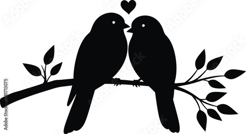 Silhouette of two birds in love sitting on a branch isolated on white background, symbolizing romance, nature, and peaceful companionship