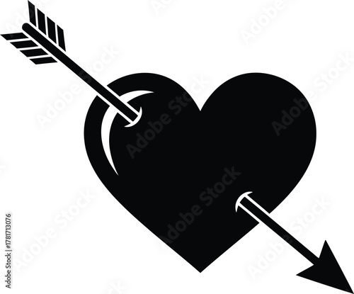 A black silhouette of a heart pierced by an arrow, symbolizing love, passion, and vulnerability isolated on white background