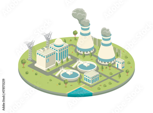 Isometric nuclear power plant with reactor building, cooling towers emitting steam, power lines, water treatment pools, and surrounding landscaped area. Illustration.