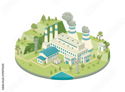 Isometric thermal power station with cooling towers emitting steam, chimneys, main building, substation, power lines, and surrounding green landscape. Illustration.