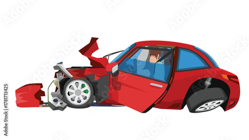 Car accident caused severe damage with driving inside. Red car front bumper was broken. Front hood  bent and opened. Engine damaged with oil leak. Airbags work to protect you from driving hazards.