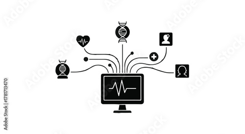Digital health data streams from computer to medical icons, symbolizing advanced healthcare technology