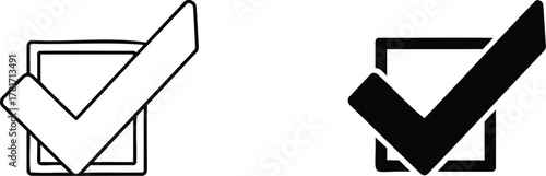 Checkmark Icon Variations: Illustrative depiction of a checkmark symbol within a square, showcased in both black and white, suitable for graphic design projects.