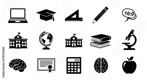 Education icons set, school and learning vector silhouette illustration isolated on white background