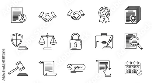 Legal and justice line icons set isolated on white background law and order concept