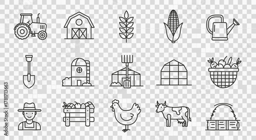 Collection of farming icons in outline style, including tractor, barn, crops and animals