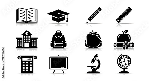 Set of various school icons isolated on white background, education and learning concept