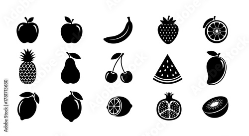 Set of various fruit icons isolated on white background, healthy food and nutrition concept