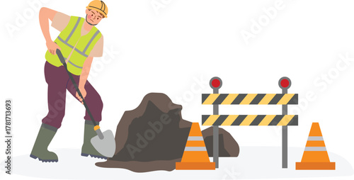 Construction Worker Digging with Shovel and Safety Barriers