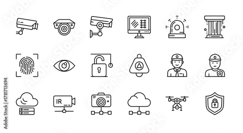 Security system icons set, outline style isolated on white background surveillance camera
