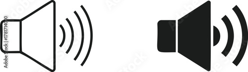 Sound Icon Set: Two minimalist designs of speaker icons, one outlined and the other filled, conveying the concept of sound, audio, and volume.
