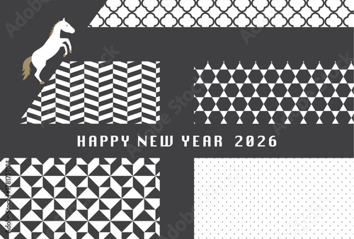 2026年午年　午の文字のモノトーン柄　オシャレな年賀状テンプレート