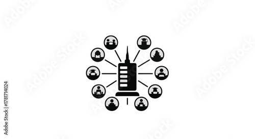 Centralized communication network connecting diverse individuals around a core hub.