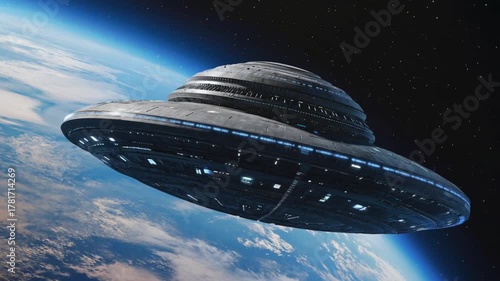 Flying saucer ufo approaching planet Earth 3d illustration cinematic view of UFO close to earth