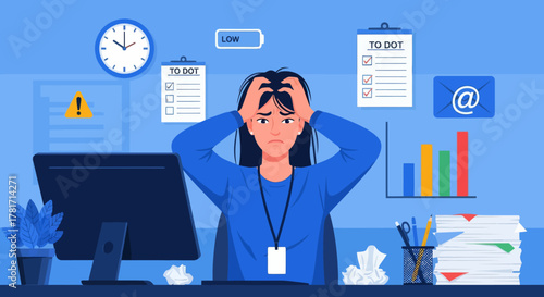 Stressed office worker overwhelmed by deadlines, emails, and tasks at a desk. Modern workplace illustration showing burnout, workload pressure, time management issues, and job stress.