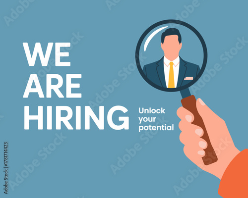 This artwork illustrates a hiring call with a focus on potential, featuring a professional behind a magnifying glass, symbolizing the journey towards a successful career.