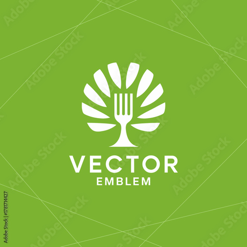 This minimalist design illustrates a white fork centered in a leafy tree icon, representing fresh, sustainable dining options that attract eco-conscious consumers.